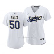 Camiseta Beisbol Mujer Los Angeles Dodgers Mookie Betts 2021 Gold Program Replica Blanco