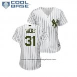 Camiseta Beisbol Mujer New York Yankees Aaron Hicks 2018 Dia de los Caidos Cool Base Blanco