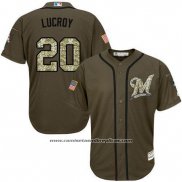 Camiseta Beisbol Hombre Milwaukee Brewers 20 Jonathan Lucroy Verde Salute To Service