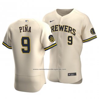 Camiseta Beisbol Hombre Milwaukee Brewers Manny Pina Autentico Alterno Crema