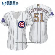 Camiseta Beisbol Mujer Chicago Cubs 51 Jack Leathersich Blanco Oro Cool Base