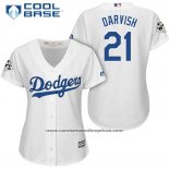 Camiseta Beisbol Mujer Los Angeles Dodgers 2017 World Series Yu Darvish Blanco Cool Base