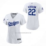 Camiseta Beisbol Mujer Los Angeles Dodgers Clayton Kershaw Primera 2025 World Series Champions Replica Blanco