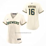 Camiseta Beisbol Mujer Milwaukee Brewers Blake Perkins Primera Replica Crema