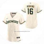 Camiseta Beisbol Mujer Milwaukee Brewers Blake Perkins Primera Replica Crema