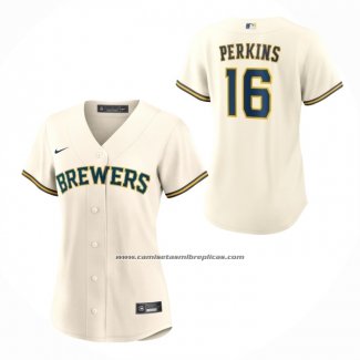 Camiseta Beisbol Mujer Milwaukee Brewers Blake Perkins Primera Replica Crema