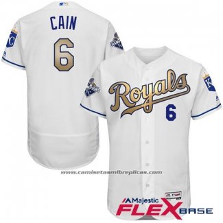 Camiseta Beisbol Hombre Kansas City Royals Lorenzo Cain World Series Campeones Oro Blanco Flex Base