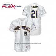 Camiseta Beisbol Hombre Milwaukee Brewers Travis Shaw Autentico Flex Base Blanco Azul