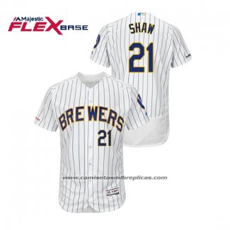 Camiseta Beisbol Hombre Milwaukee Brewers Travis Shaw Autentico Flex Base Blanco Azul