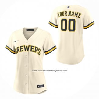 Camiseta Beisbol Mujer Milwaukee Brewers Primera Replica Personalizada Crema