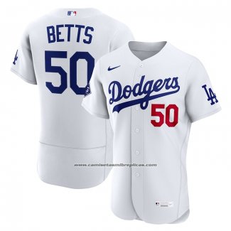 Camiseta Beisbol Hombre Los Angeles Dodgers Mookie Betts Primera Premium Sponsor Patch Autentico Blanco