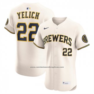 Camiseta Beisbol Hombre Milwaukee Brewers Christian Yelich Primera Elite Crema