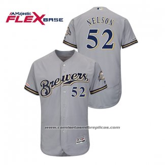 Camiseta Beisbol Hombre Milwaukee Brewers Jimmy Nelson Autentico Flex Base Gris