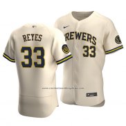 Camiseta Beisbol Hombre Milwaukee Brewers Pablo Reyes Autentico Alterno Crema