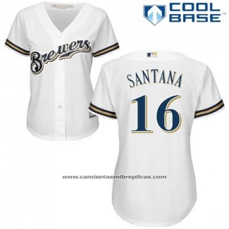 Camiseta Beisbol Mujer Milwaukee Brewers Domingo Santana Blanco Autentico Collection Cool Base