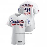 Camiseta Beisbol Hombre Los Angeles Dodgers Joc Pederson 2020 Stars & Stripes 4th of July Blanco
