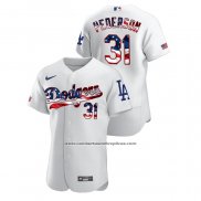 Camiseta Beisbol Hombre Los Angeles Dodgers Joc Pederson 2020 Stars & Stripes 4th of July Blanco