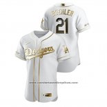 Camiseta Beisbol Hombre Los Angeles Dodgers Walker Buehler Golden Edition Autentico Blanco