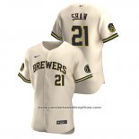 Camiseta Beisbol Hombre Milwaukee Brewers Travis Shaw Autentico 2020 Alterno Crema