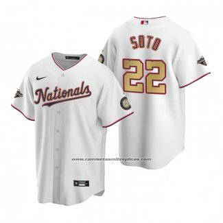 Camiseta Beisbol Hombre Washington Nationals Juan Soto Gold-Trimmed Championship Replica Blanco