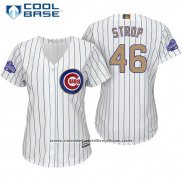 Camiseta Beisbol Mujer Chicago Cubs 46 Pedro Strop Blanco Oro Cool Base