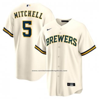 Camiseta Beisbol Hombre Milwaukee Brewers Garrett Mitchell Replica Crema