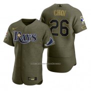 Camiseta Beisbol Hombre Tampa Bay Rays Ji Man Choi Camuflaje Digital Verde 2021 Salute To Service