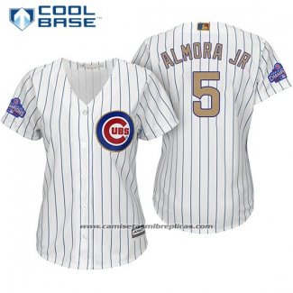 Camiseta Beisbol Mujer Chicago Cubs 5 Albert Almora Jr. Blanco Oro Cool Base