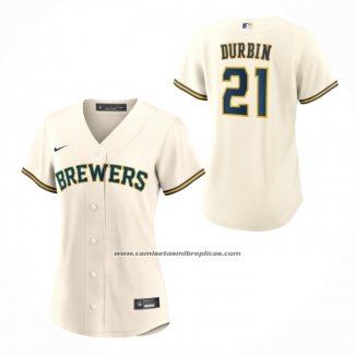 Camiseta Beisbol Mujer Milwaukee Brewers Caleb Durbin Primera Replica Crema