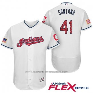 Camiseta Beisbol Hombre Cleveland Indians 2017 Estrellas y Rayas Carlos Santana Blanco Flex Base
