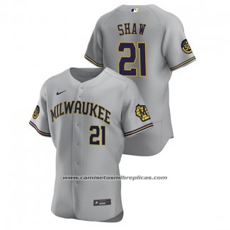 Camiseta Beisbol Hombre Milwaukee Brewers Travis Shaw Autentico 2020 Road Gris