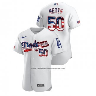 Camiseta Beisbol Hombre Los Angeles Dodgers Mookie Betts 2020 Stars & Stripes 4th of July Blanco