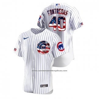 Camiseta Beisbol Hombre Chicago Cubs Willson Contreras 2020 Stars & Stripes 4th of July Blanco