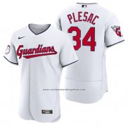 Camiseta Beisbol Hombre Cleveland Guardians Zach Plesac Autentico Primera Blanco