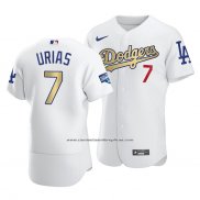 Camiseta Beisbol Hombre Los Angeles Dodgers Julio Urias 2021 Gold Program Patch Autentico Blanco