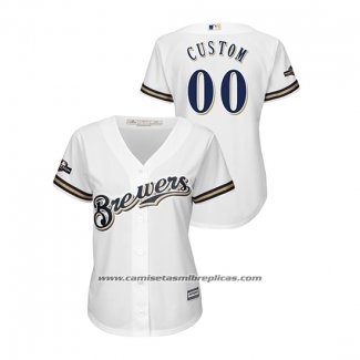 Camiseta Beisbol Mujer Milwaukee Brewers Personalizada 2019 Postemporada Cool Base Blanco