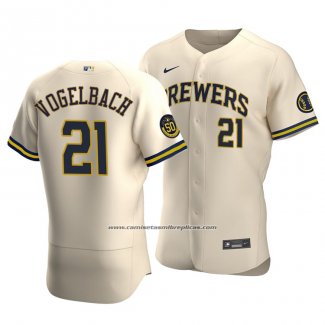 Camiseta Beisbol Hombre Milwaukee Brewers Daniel Vogelbach Autentico Alterno Crema