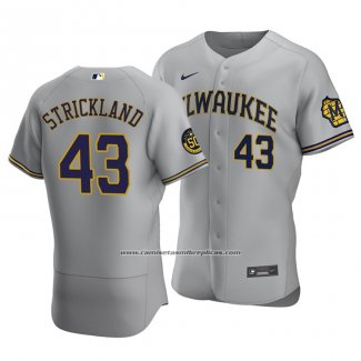 Camiseta Beisbol Hombre Milwaukee Brewers Hunter Strickland Autentico Road Gris