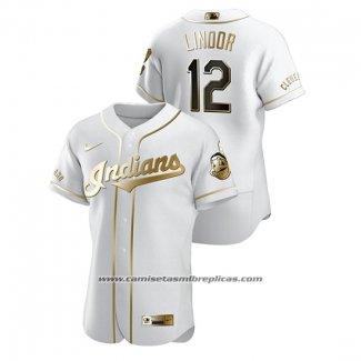 Camiseta Beisbol Hombre Cleveland Indians Francisco Lindor Golden Edition Autentico Blanco