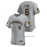 Camiseta Beisbol Hombre Milwaukee Brewers Lorenzo Cain Autentico 2020 Road Gris