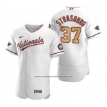 Camiseta Beisbol Hombre Washington Nationals Stephen Strasburg Gold-Trimmed Championship Autentico Blanco