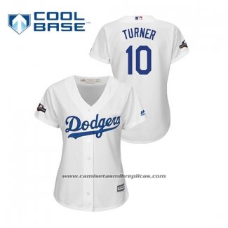 Camiseta Beisbol Mujer Los Angeles Dodgers Justin Turner 2019 Postemporada Cool Base Blanco