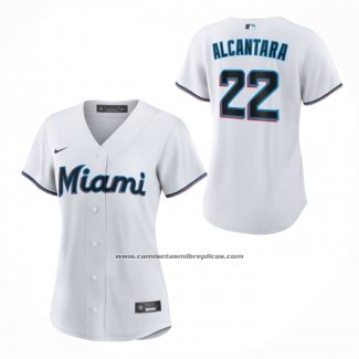 Camiseta Beisbol Mujer Miami Marlins Sandy Alcantara Primera Replica Blanco