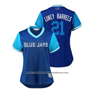 Camiseta Beisbol Mujer Toronto Blue Jays Luke Maile 2018 LLWS Players Weekend Lukey Barrels Azul