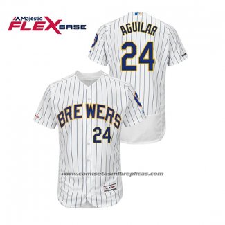 Camiseta Beisbol Hombre Milwaukee Brewers Jesus Aguilar Autentico Flex Base Blanco Azul