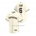 Camiseta Beisbol Hombre Milwaukee Brewers Lorenzo Cain Replica Primera Crema