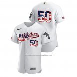 Camiseta Beisbol Hombre Oakland Athletics Mike Fiers 2020 Stars & Stripes 4th of July Blanco