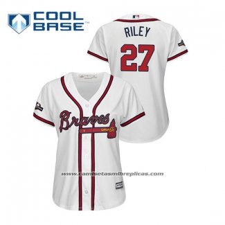 Camiseta Beisbol Mujer Atlanta Braves Austin Riley 2019 Postemporada Cool Base Blanco