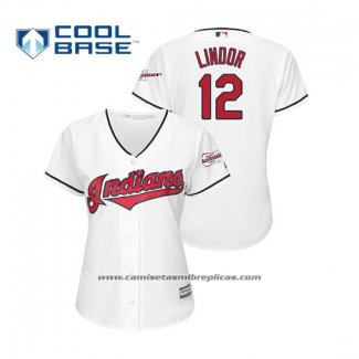 Camiseta Beisbol Mujer Cleveland Indians Francisco Lindor 2019 All Star Patch Cool Base Blanco