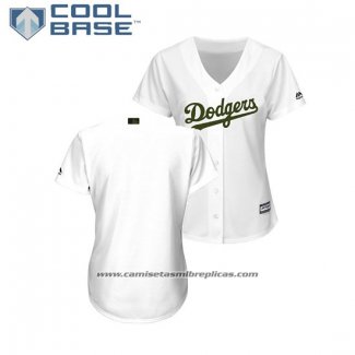 Camiseta Beisbol Mujer Los Angeles Dodgers 2018 Dia de los Caidos Cool Base Blanco